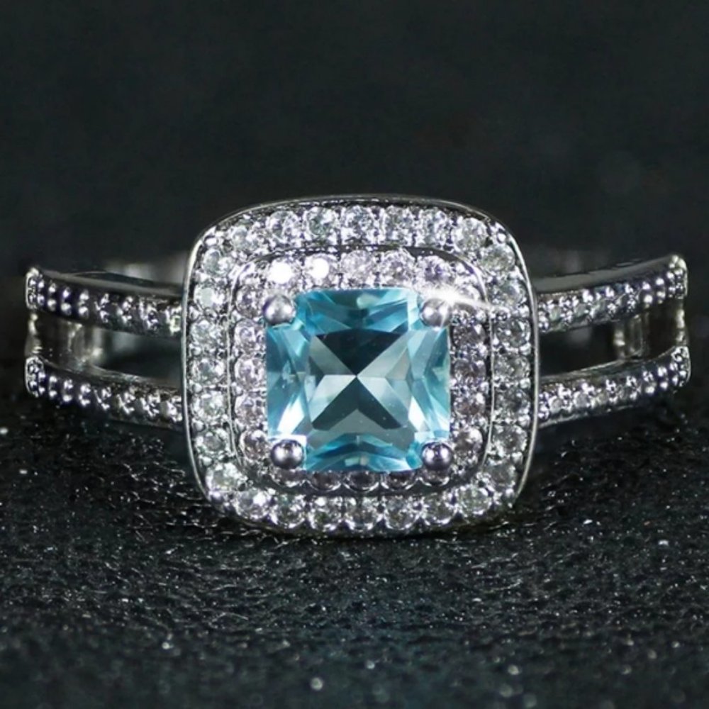 New Silver Blue Princess Cut Double Pink Halo Ring